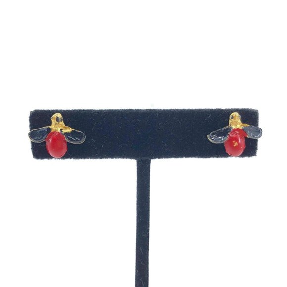 Enamel Black and Red Bug Earrings, Lady Bug Stud - Picture 4 of 6